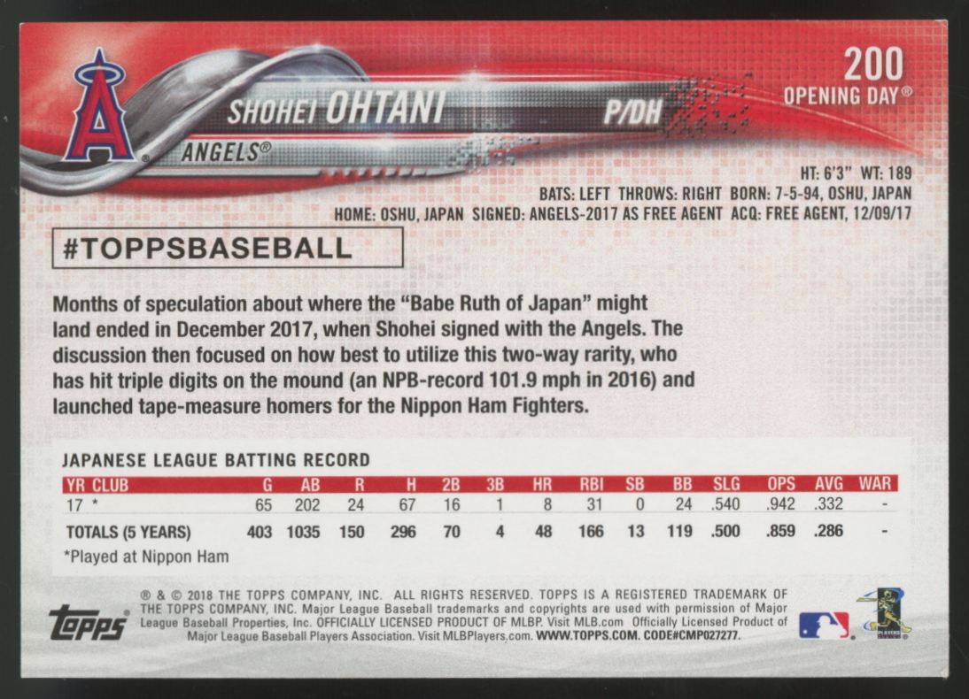 2018 Topps Opening Day Shohei Ohtani RC #200 EX-MT
