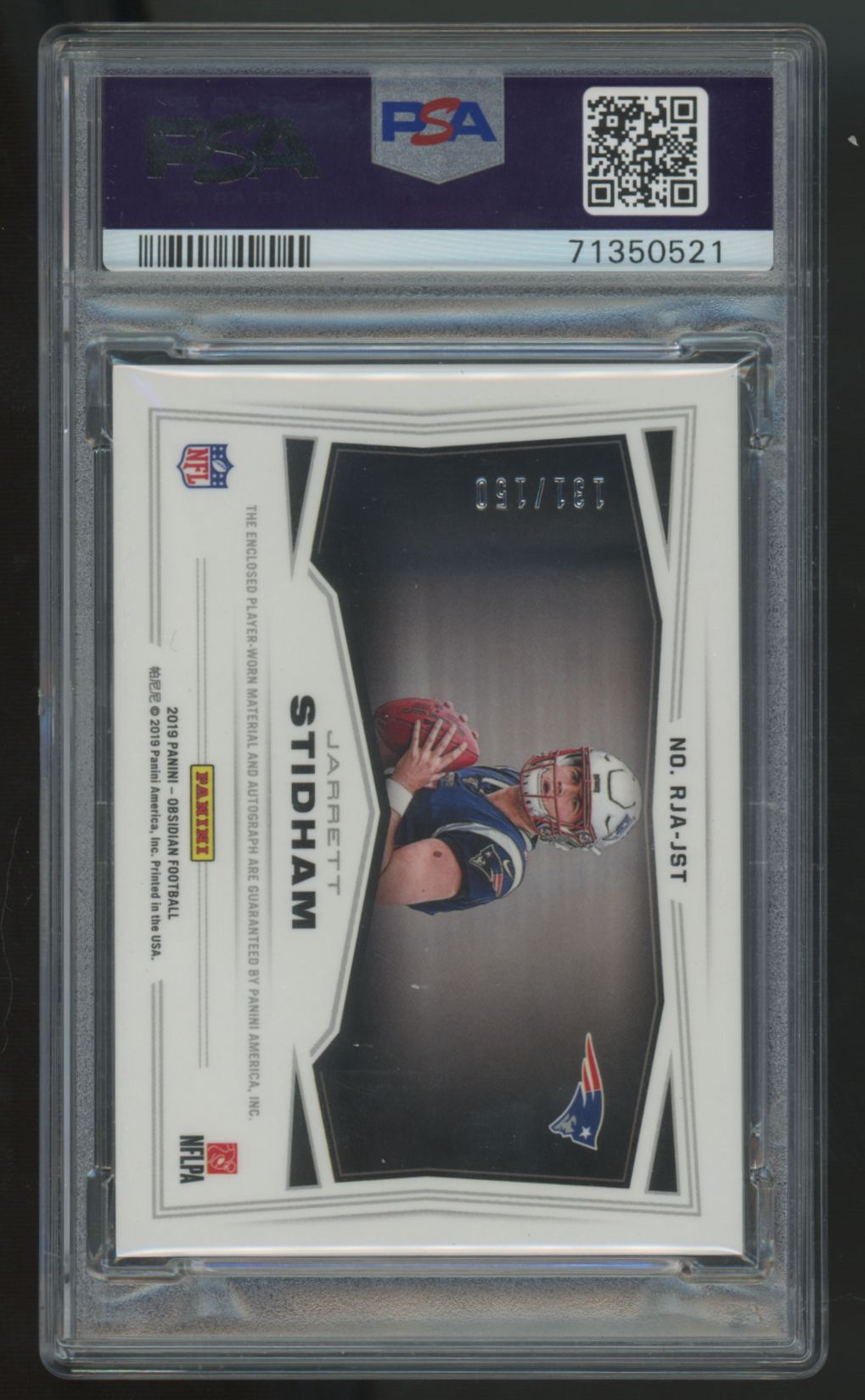 2019 Panini Obsidian Jarrett Stidham RC Patch Auto RPA /150 #RJA-JST PSA 10 10