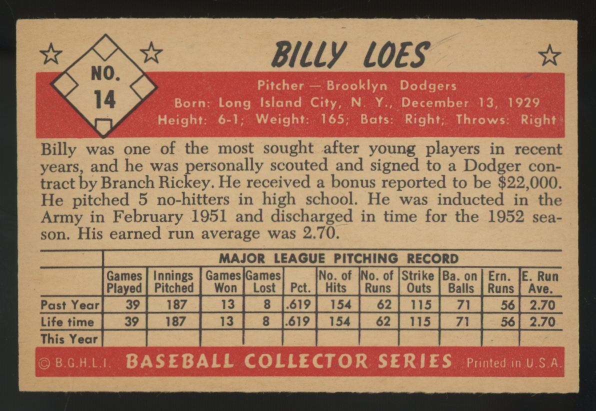 1953 Bowman Color Billy Loes #14 NM