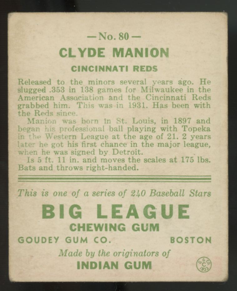 1933 Goudey Clyde Manion #80 VG-VG/EX