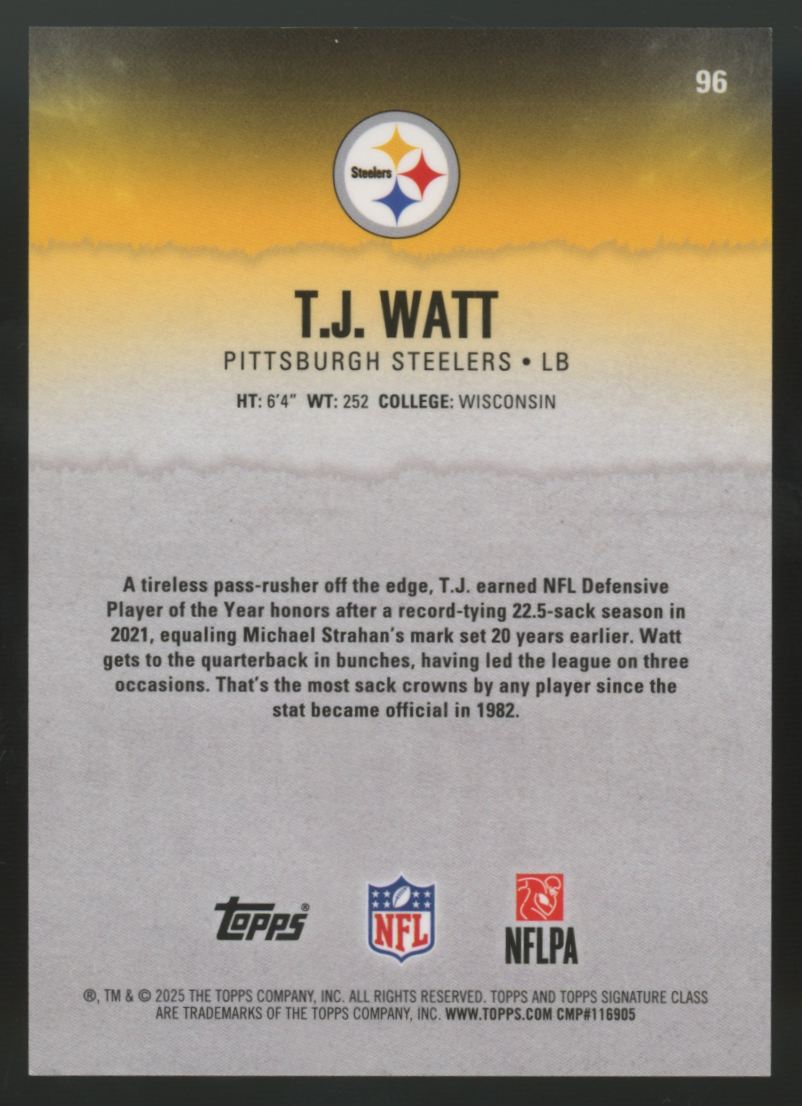 2025 Topps Signature Class T.J. Watt Chrome Orange /50 #96