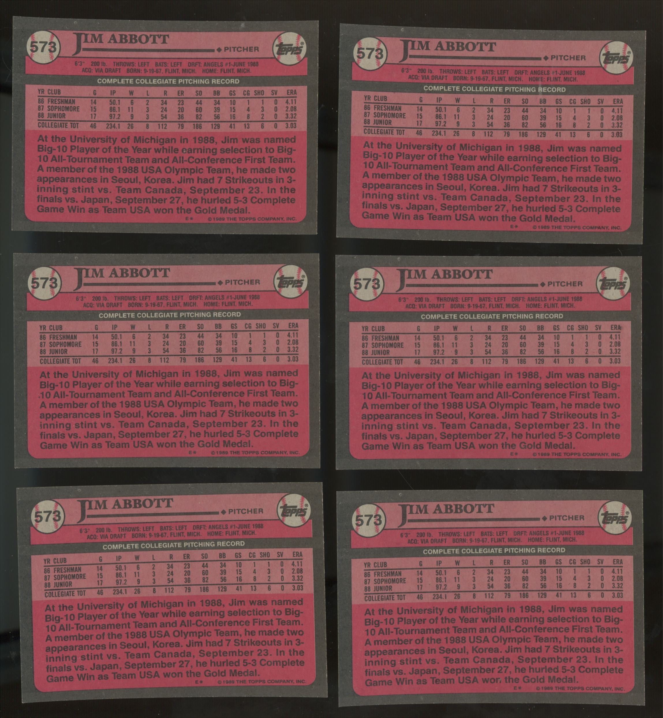 1989 Topps Jim Abbott RC #1 Draft Pick #573 (Lot Of 50) "A"