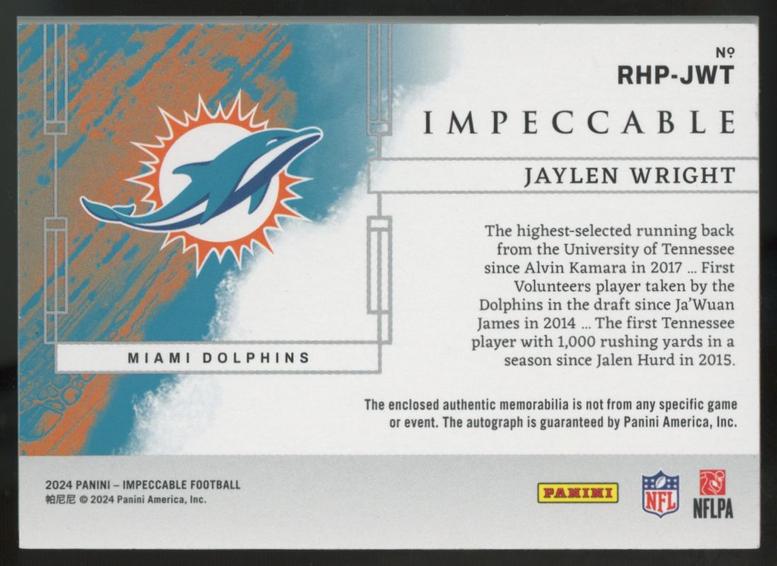 2024 Impeccable Jaylen Wright RC Elegance Glove/Helmet Dual Patch Auto RPA /25