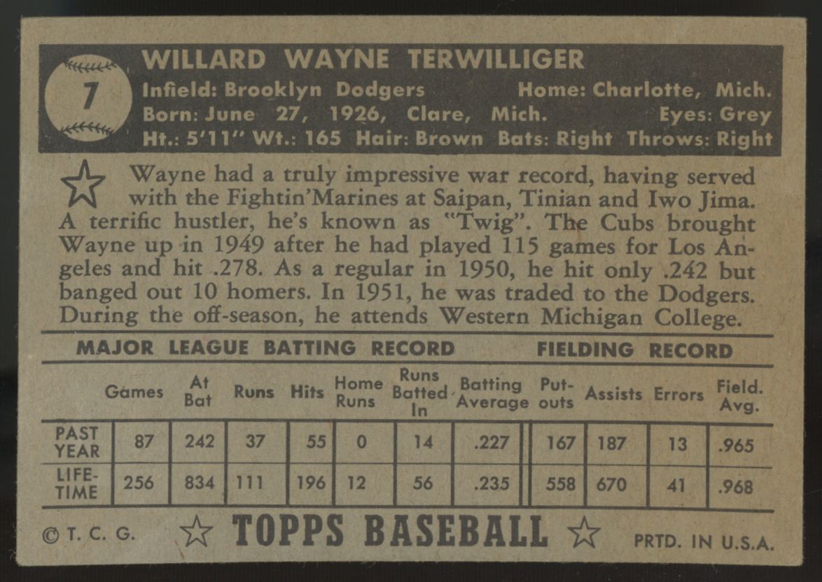 1952 Topps Wayne Terwilliger Black Back #7 VG/EX