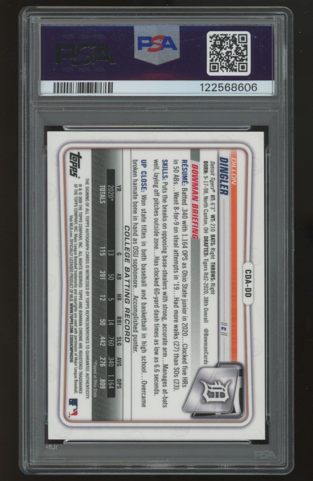 2020 Bowman Draft Dillon Dingler 1st Chrome Auto #CDA-DD PSA 10