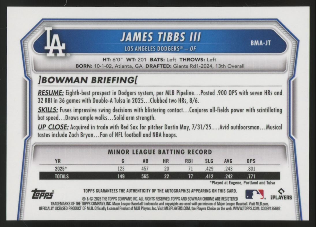 2026 Bowman Chrome Mega James Tibbs II Blue Auto /150 #BMA-JT