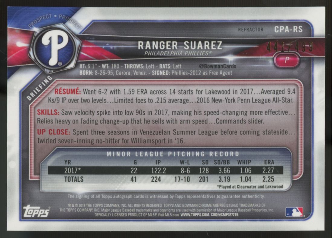 2018 Bowman Chrome Ranger Suarez 1st Refractor Auto /499 #CPA-RS