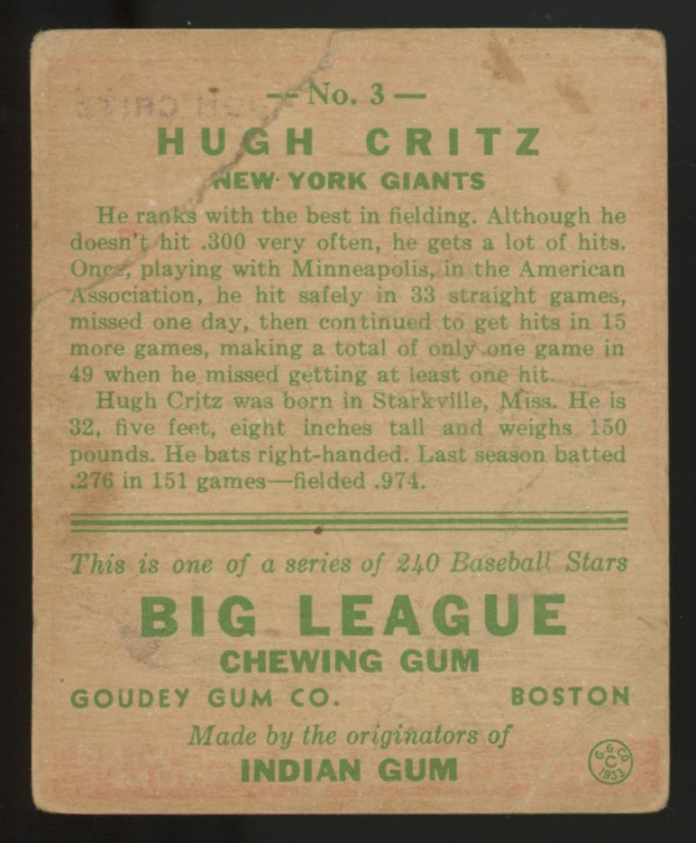 1933 Goudey Hugh Critz #3 Poor