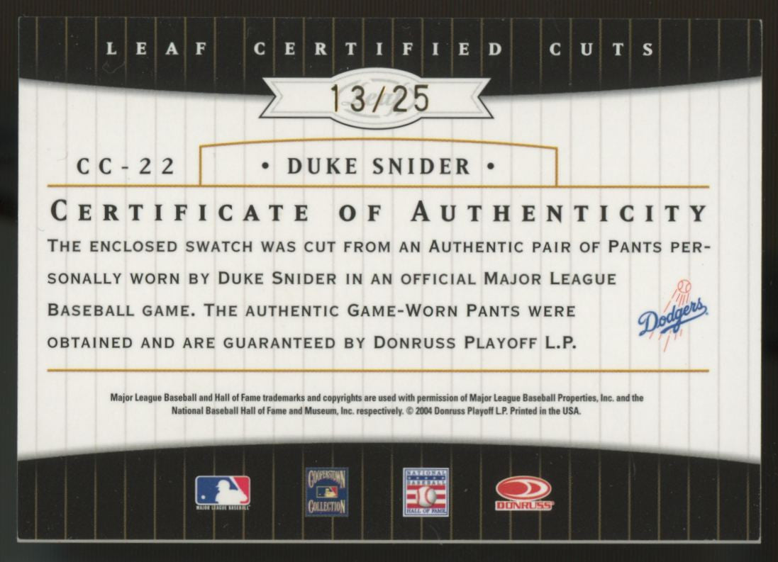2004 Donruss Duke Snider Leaf Certified Cuts Patch Auto /25 #CC-22