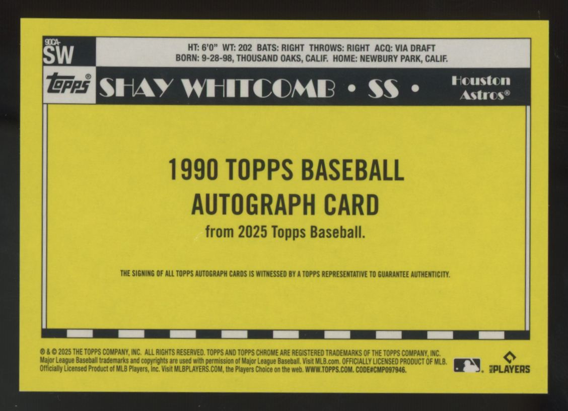 2025 Topps Silver Pack Shay Whitcomb RC 1990 Orange Refractor Auto /25 #90CA-SW