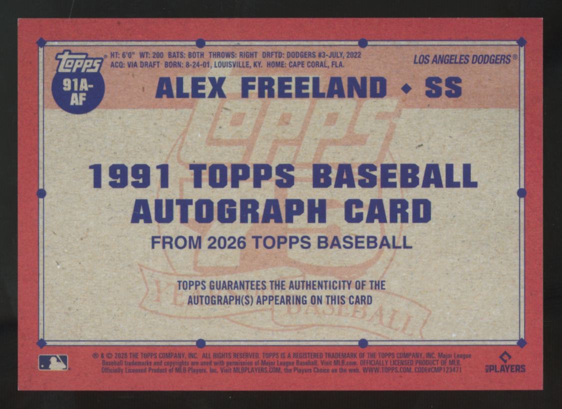 2026 Topps Series One Alex Freeland RC 1991 Auto #91A-AF