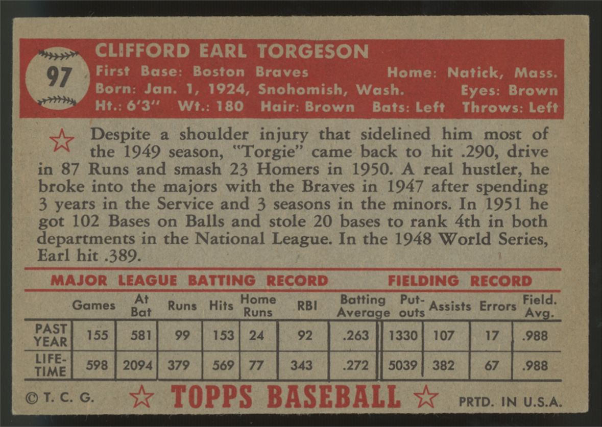 1952 Topps Earl Torgeson #97 EX "A"