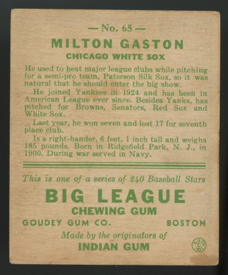 1933 Goudey Milton Gaston #65 VG/EX-EX