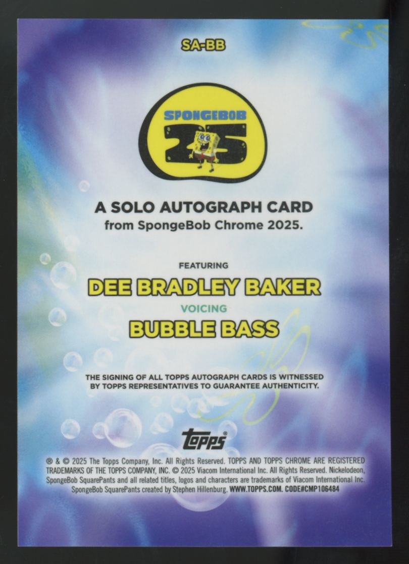 2025 Topps Chrome Sapphire SpongeBob Bubble Bass/Dee Bradley Baker Auto #SA-BB
