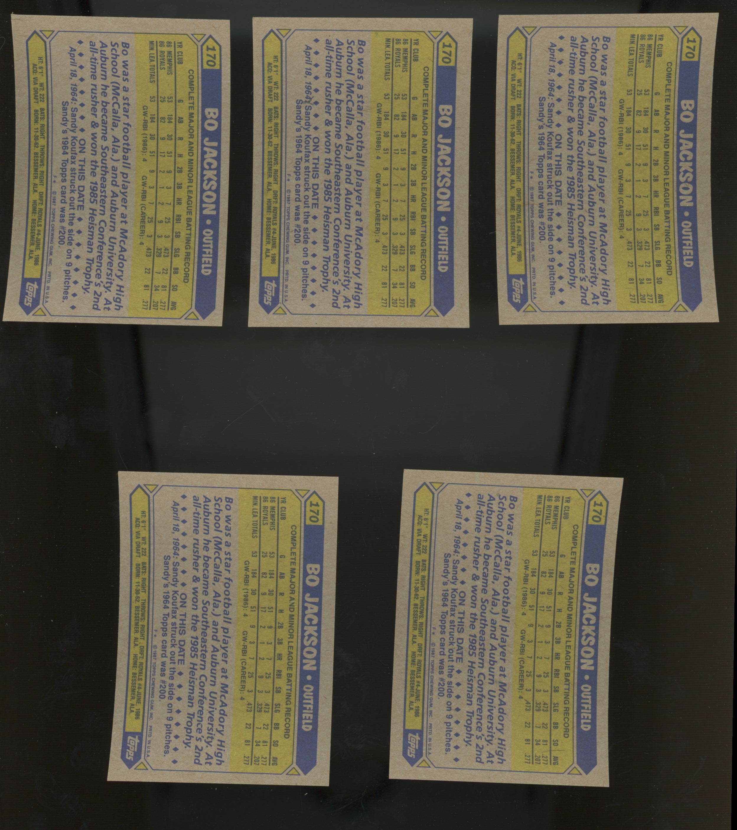 1987 Topps Bo Jackson RC #170 Lot of 25 NM-MT "B"