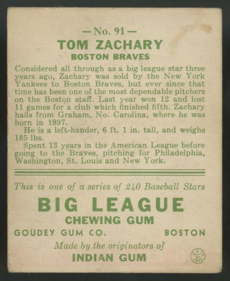 1933 Goudey Tom Zachary #91 VG