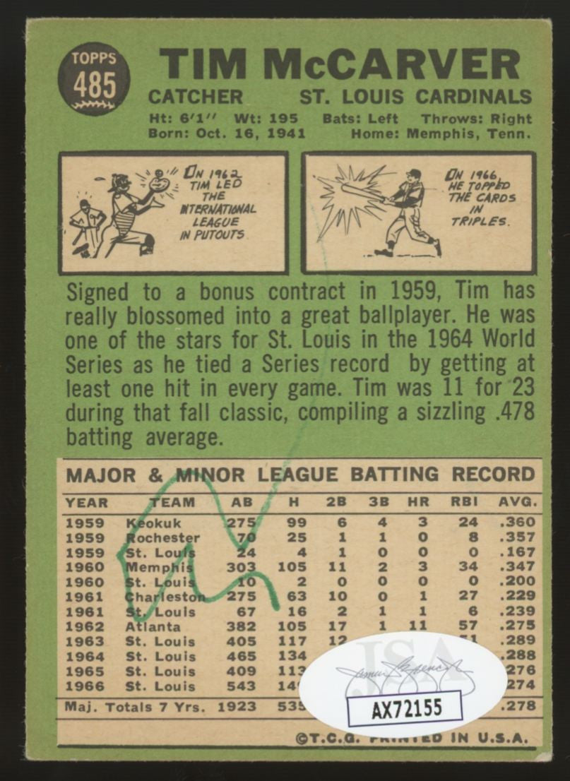 1967 Topps Tim McCarver #485 Signed Autographed Card JSA