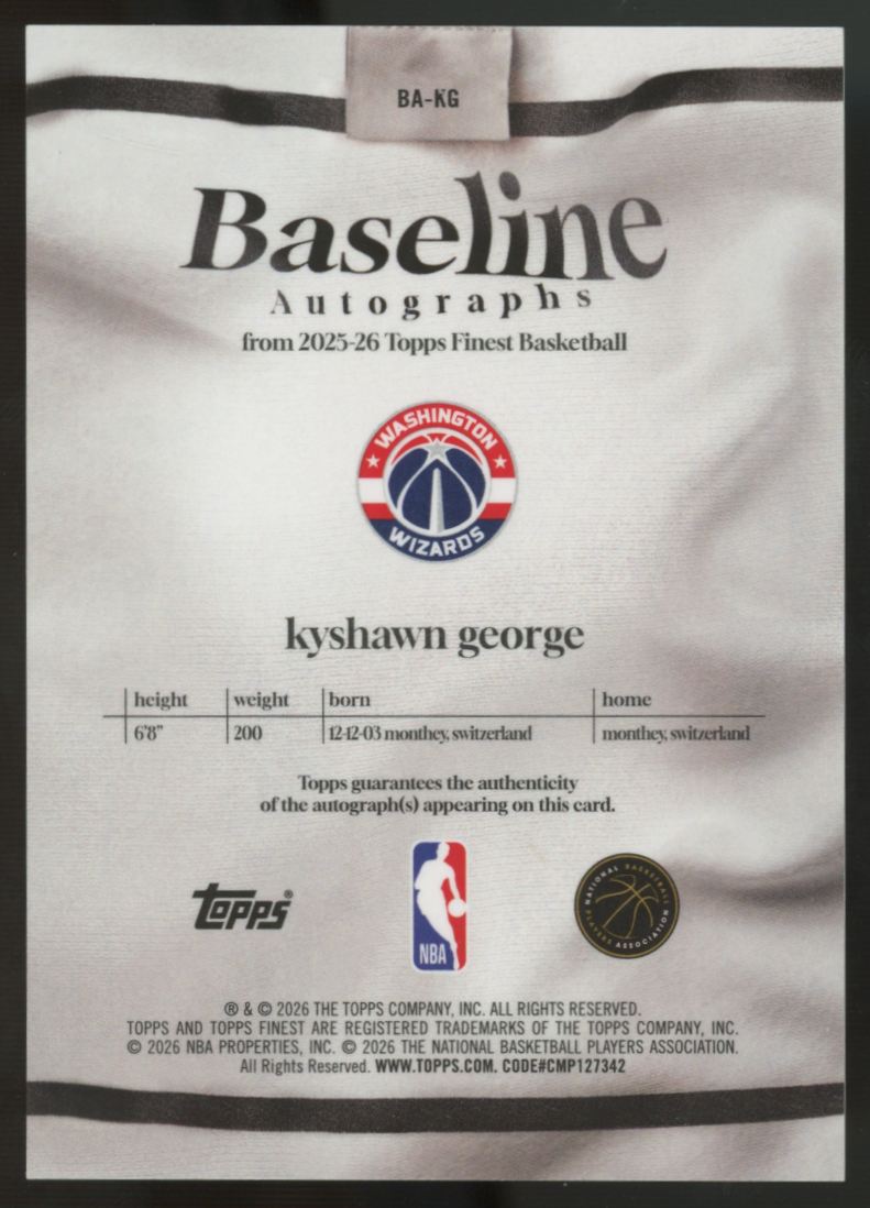 2025-26 Topps Finest Kyshawn George Baseline Auto Gold /50 #BA-KG