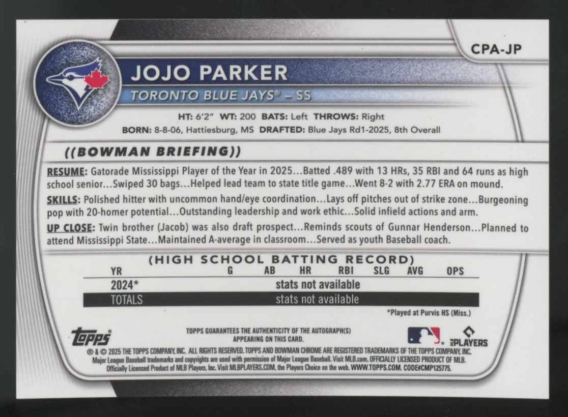 2025 Bowman Draft JoJo Parker 1st Chrome Prospect Auto #CPA-JP