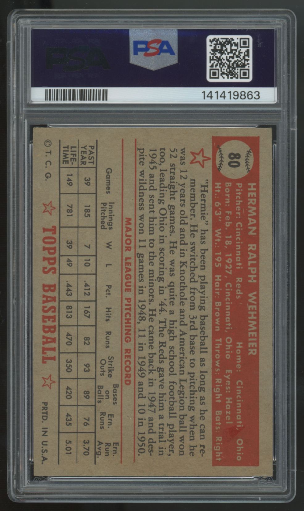 1962 Topps Herman Wehmeier #80 PSA 5
