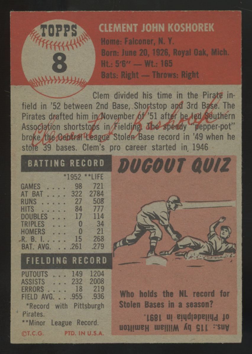 1953 Topps Clem Koshorek #8 EX/MT