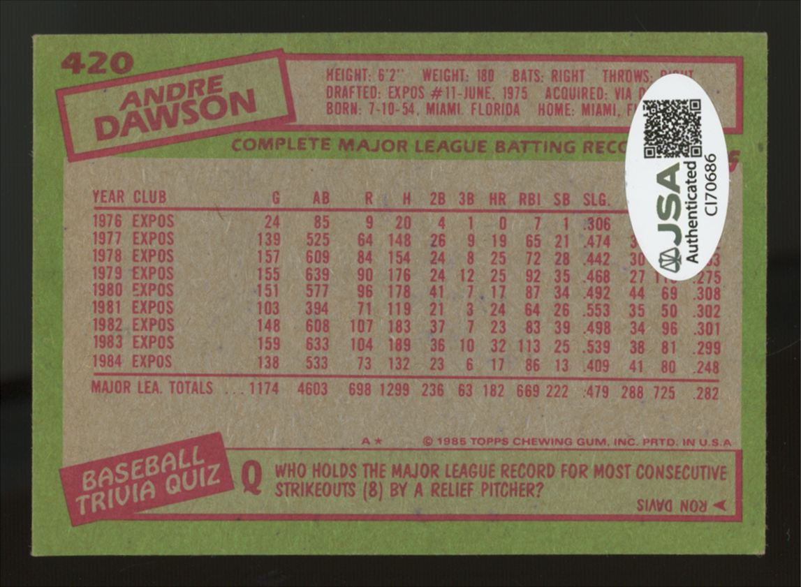 1985 Topps Andre Dawson #420 Signed Autographed JSA