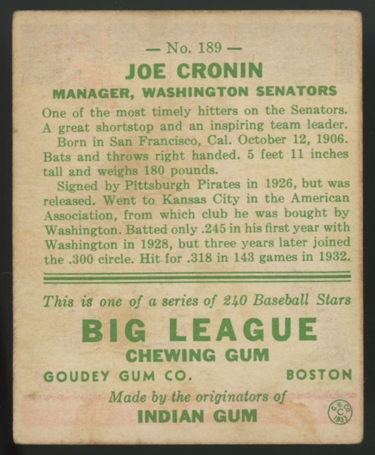 1933 Goudey Joe Cronin #189 VG