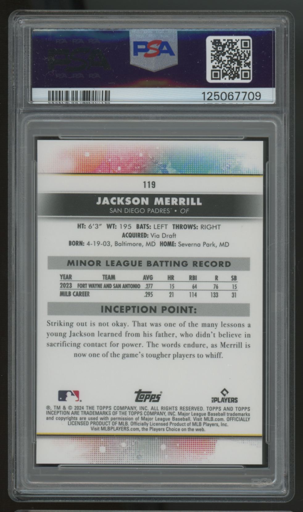 2024 Topps Inception Jackson Merrill RC #119 PSA 10