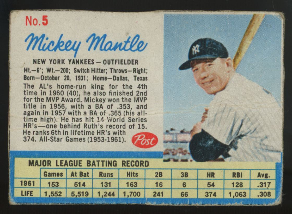 1962 Post Mickey Mantle #5 Poor (Back Written On)