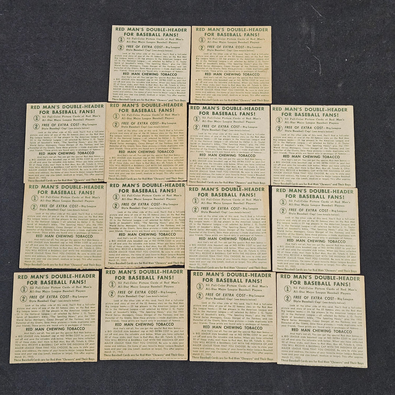 1952 Redman Baseball Cards No Tabs (Lot Of 14) Low Grade