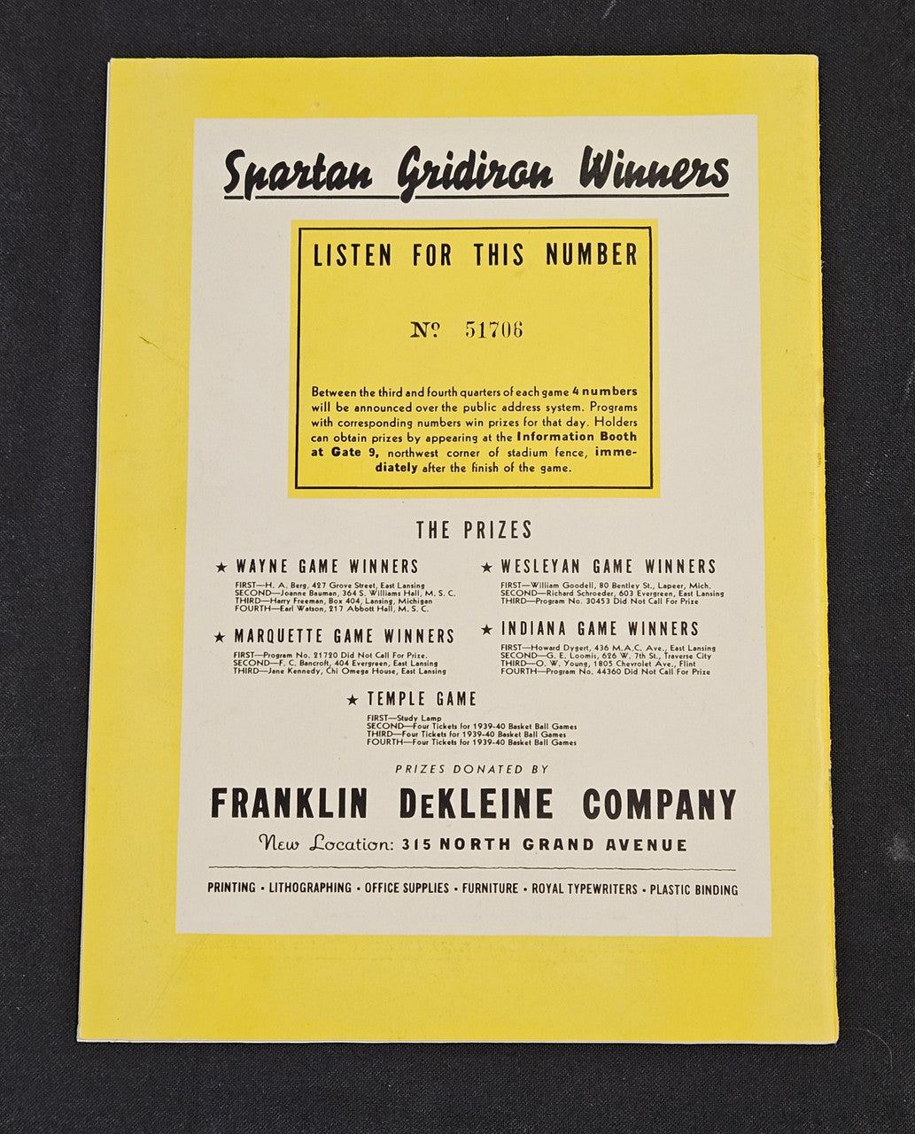 1939 Michigan State College 11/25/39 Vs. Temple Football Program Clean