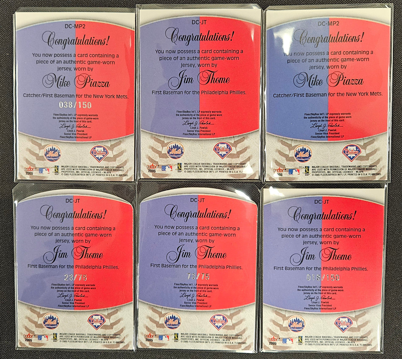 2005 Fleer Flair Mike Piazza / Jim Thome Rainbow Lot Of 6