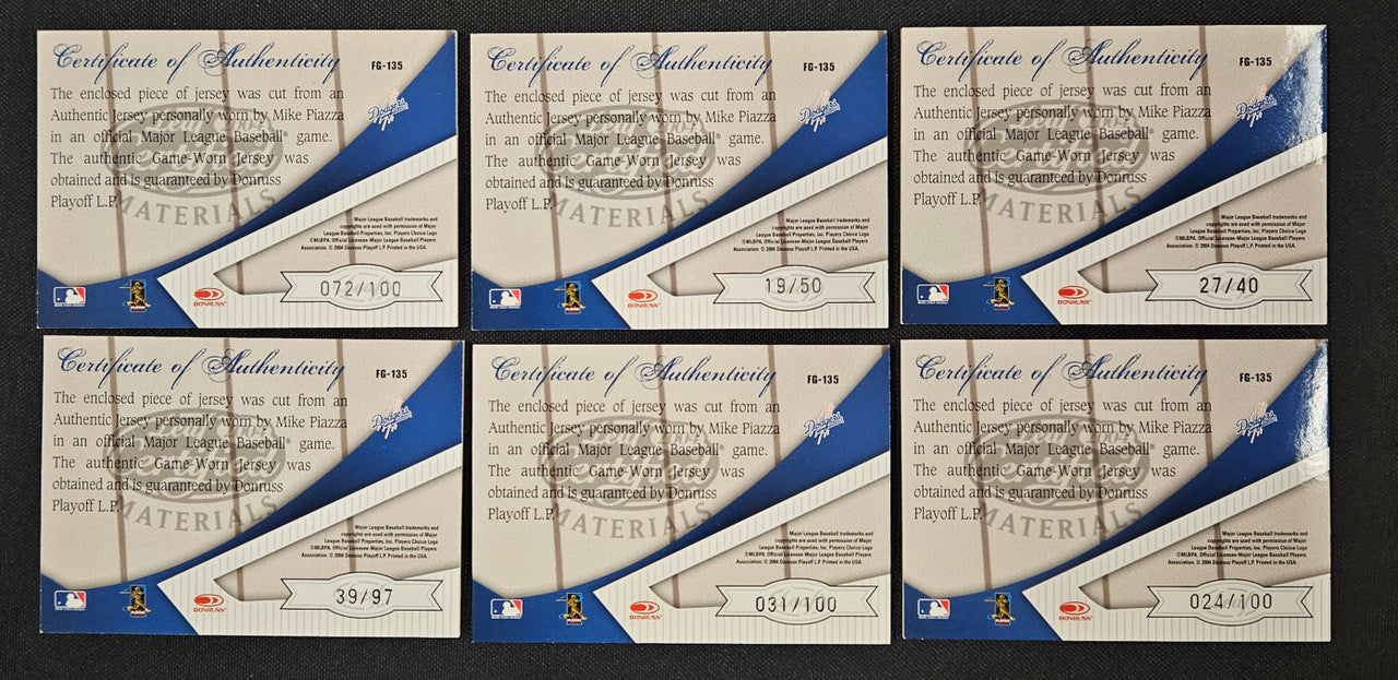 2004 Leaf Certified Materials Mike Piazza Fabric Of The Game Lot Of 6