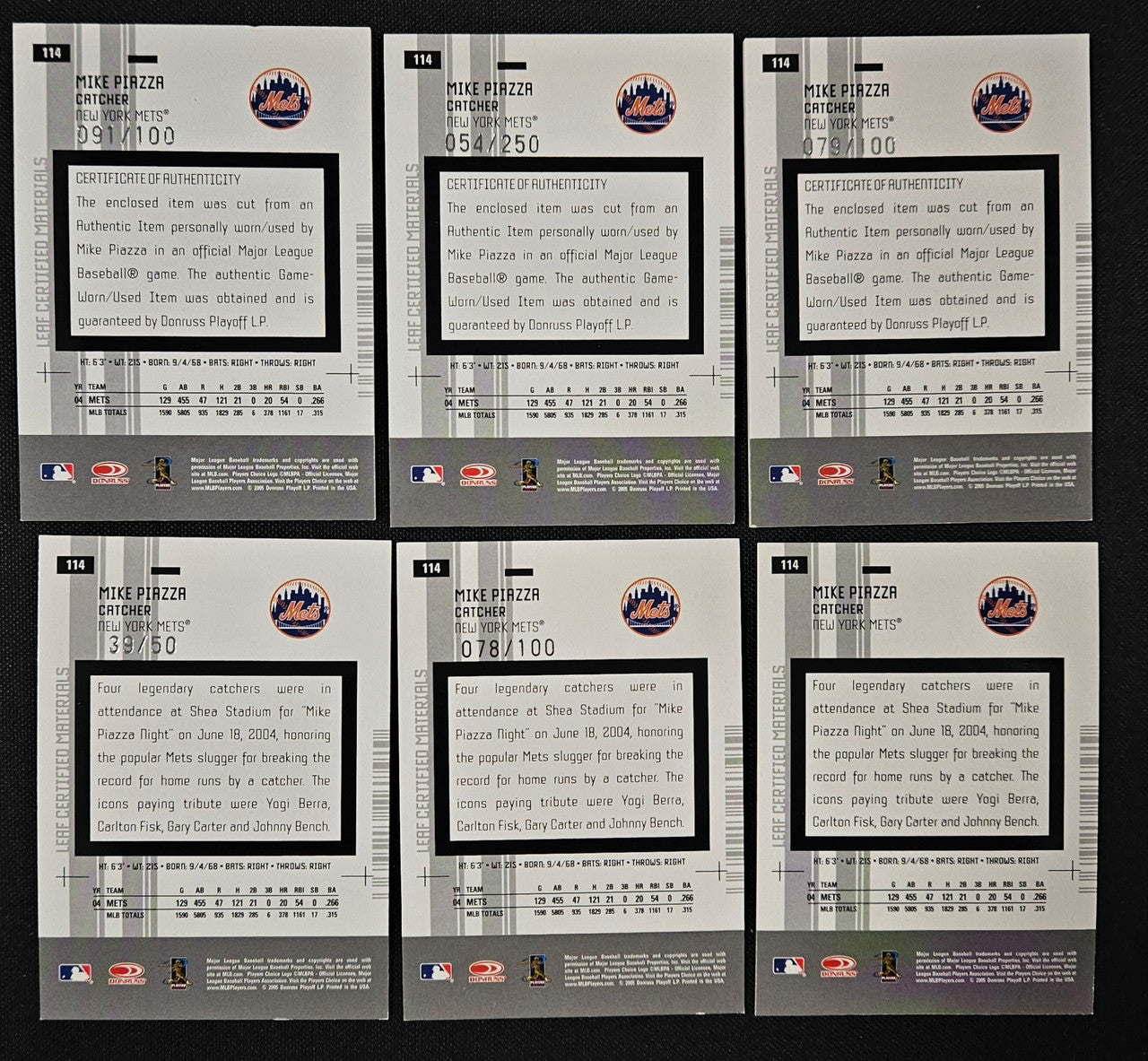 2005 Leaf Certified Materials Mike Piazza Lot Of 6