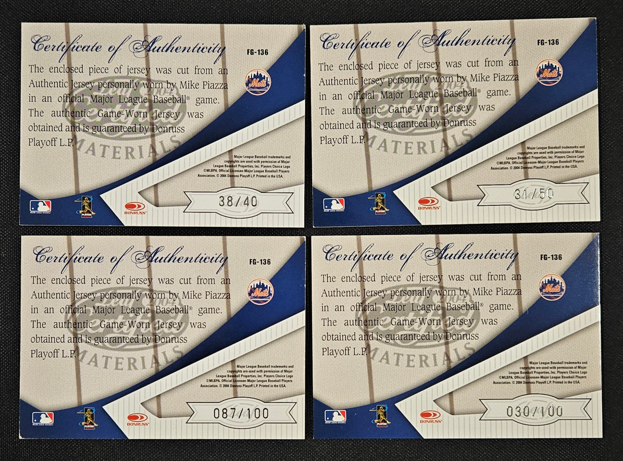2004 Leaf Certified Materials Mike Piazza Fabric Of The Game Lot Of 4
