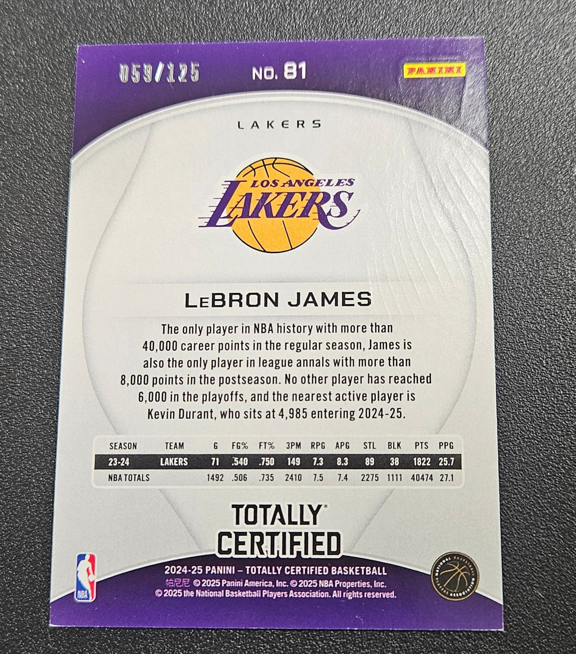 2024-25 Panini Totally Certified LeBron James Pink Mirror /125 #81