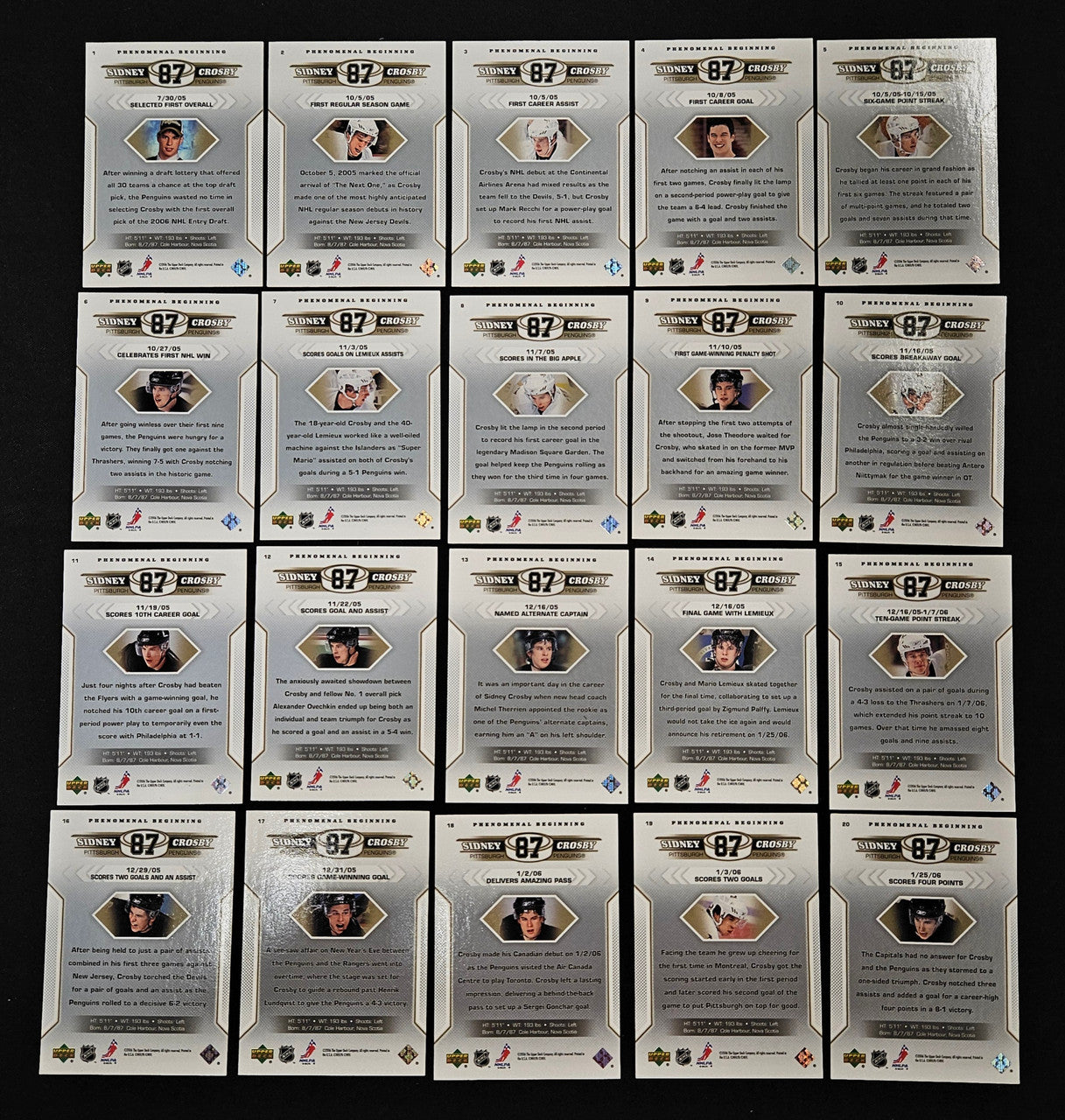 2005-06 Upper Deck Sidney Crosby RC Phenomenal Beginning Complete Set of 20
