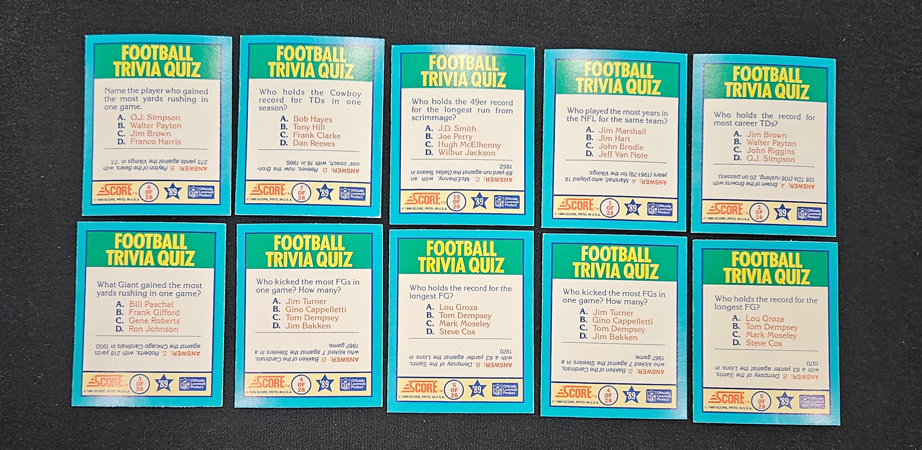 1989 Score Football Supplemental Set #331-#440 With 10 Magic Motion Trivia Cards