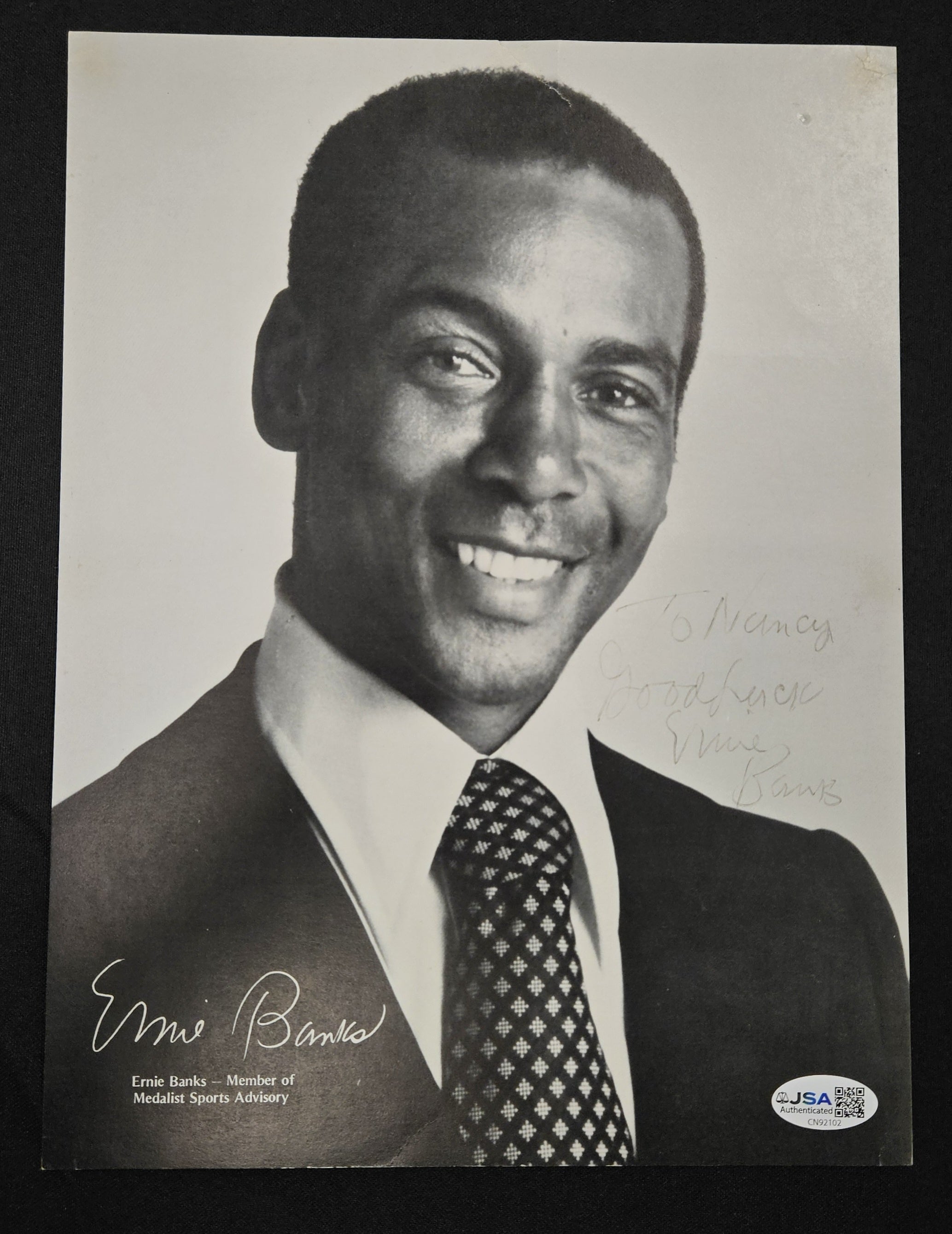 Ernie Banks Signed Autographed Medalist Sports Advisory Promo JSA Authentic