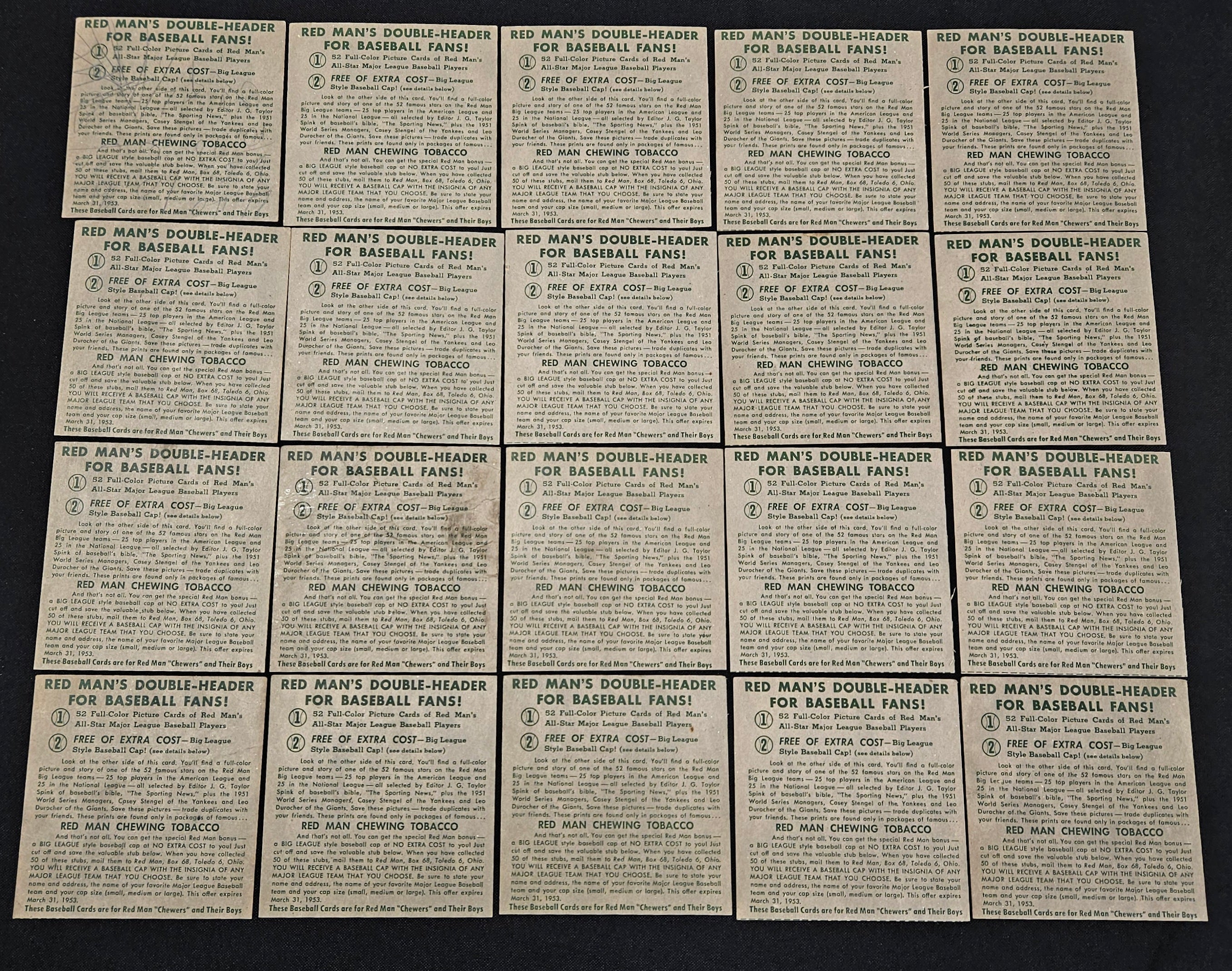 1952 Red Man Near Complete Set 45/52 No Tabs Low Grade