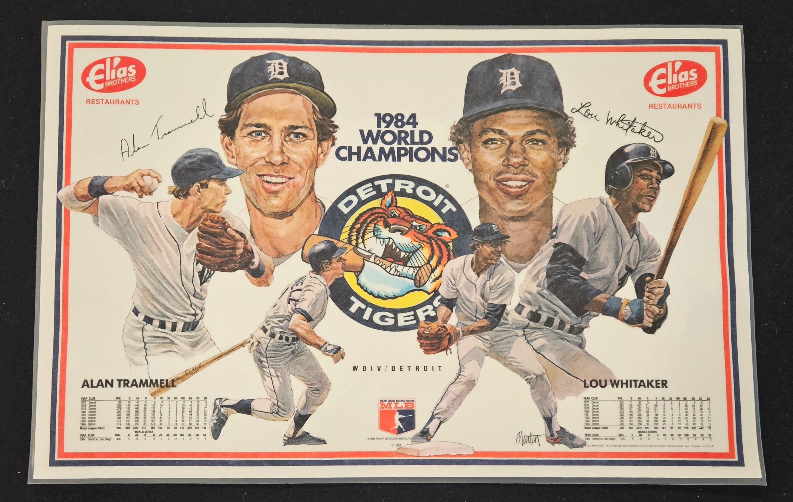 1984 Elias Brothers Detroit Tigers Placemat Set Of 4 Trammell/Whitaker/Gibson