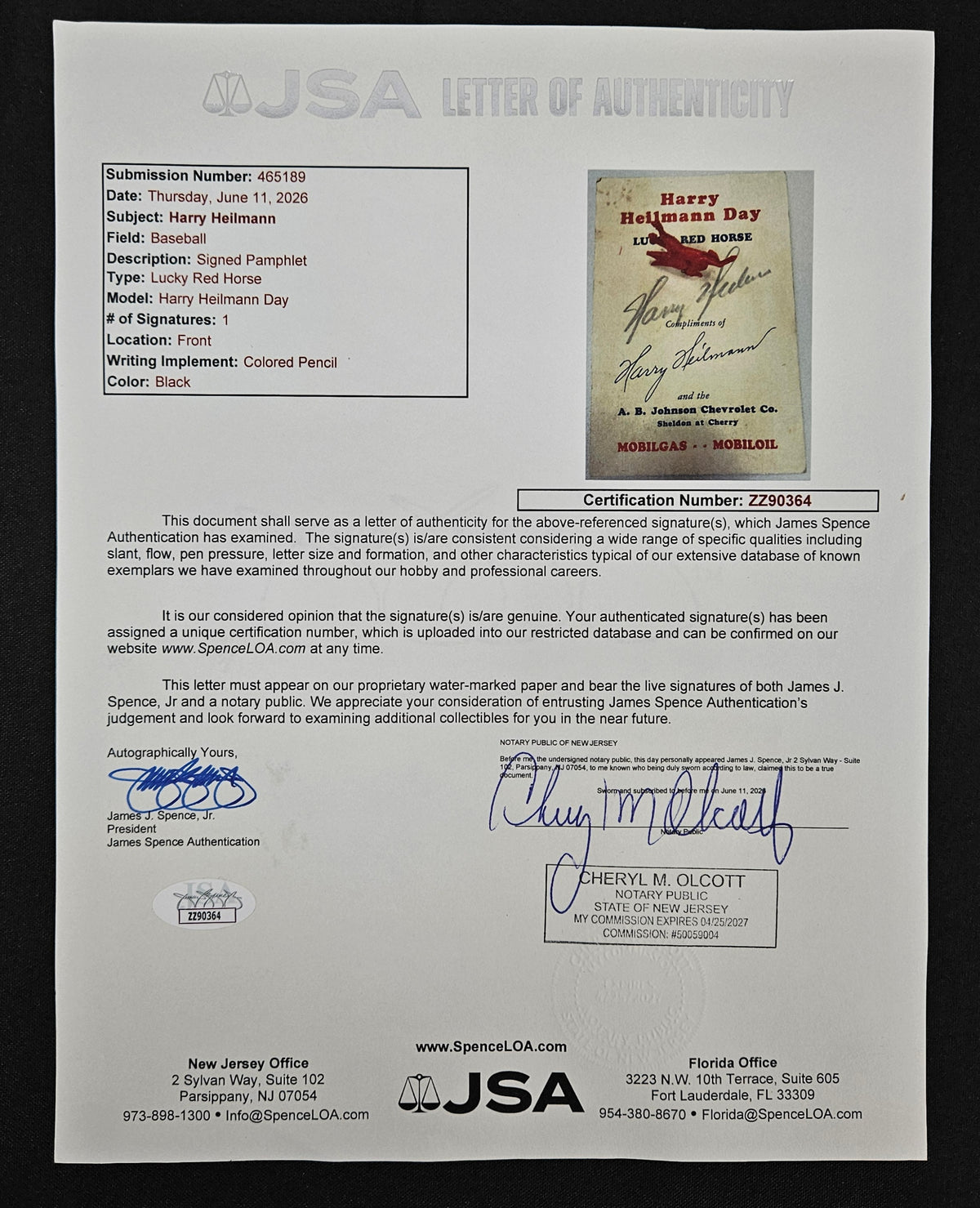 Harry Heilmann Day Signed Autographed Lucky Red Horse Pamphlet JSA Authentic