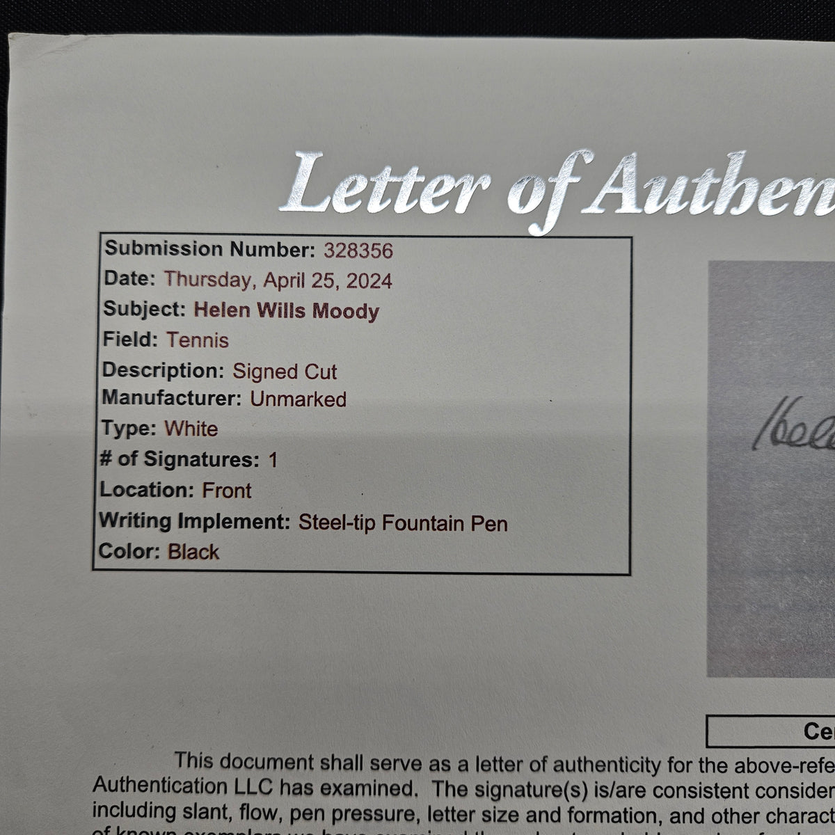 Helen Wills Moody Signed Cut Autographed Card JSA Authentic W/ Letter
