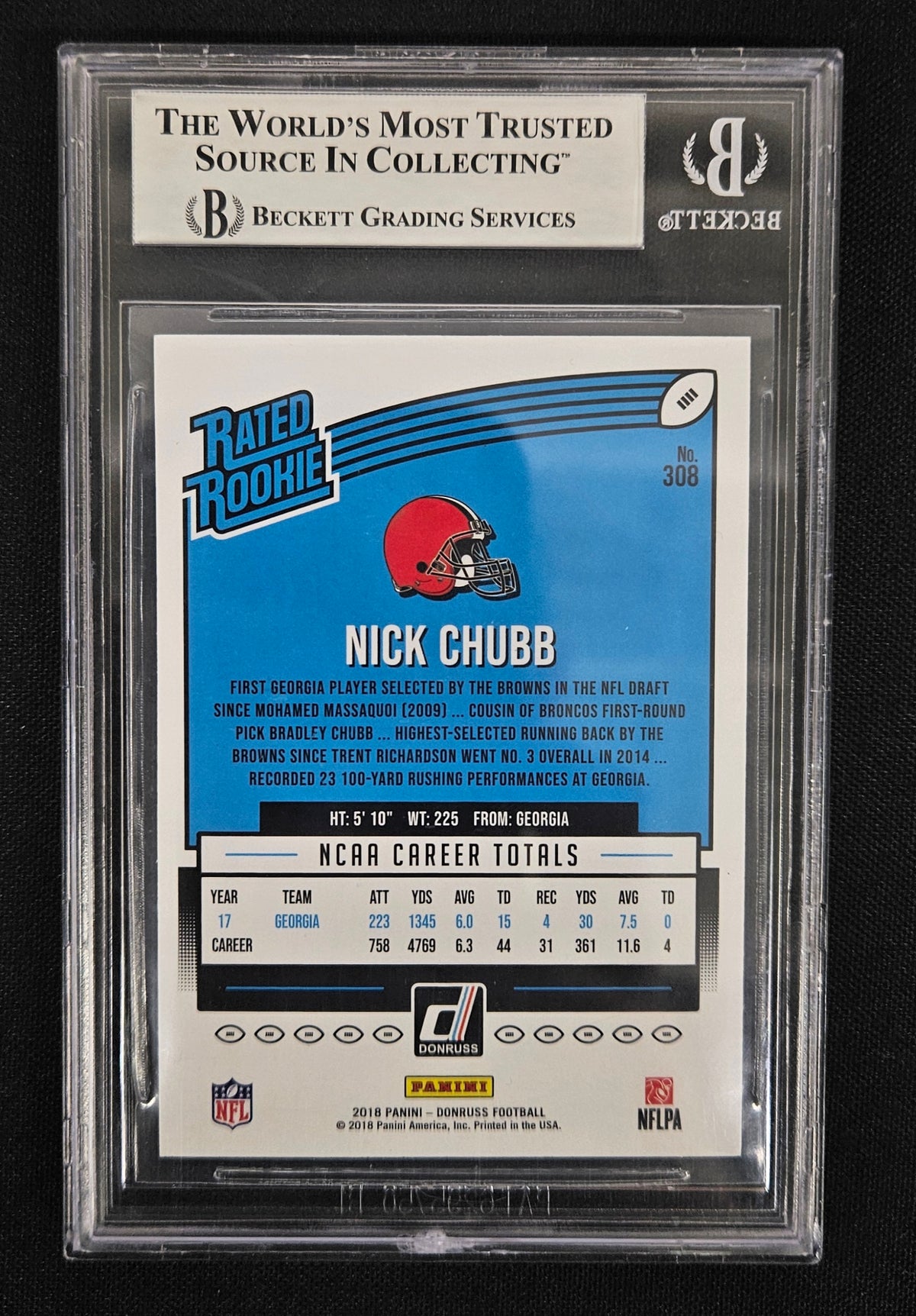 2018 Panini Donruss Nick Chubb RC Rated Rookie Signed Auto #308 BGS Authentic