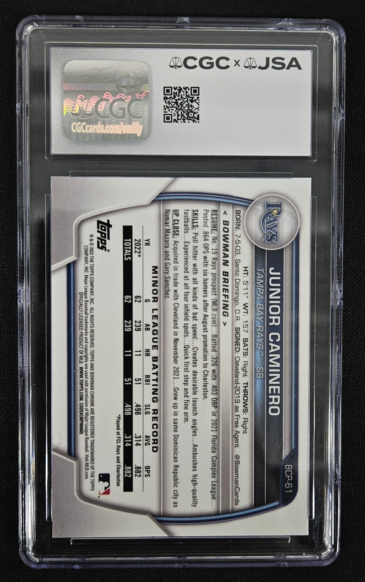 2023 Bowman Junior Caminero 1st Chrome Signed Auto CGC x JSA Authentic 10