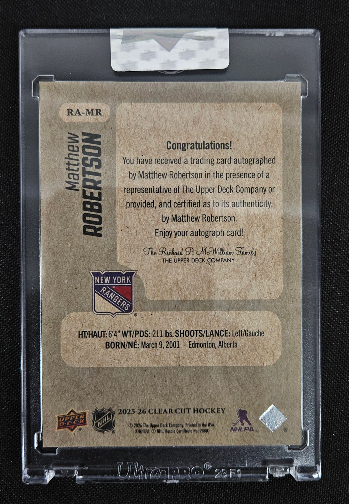 2025-26 Upper Deck Clear Cut Matthew Robertson RC Retro Auto #RA-MR