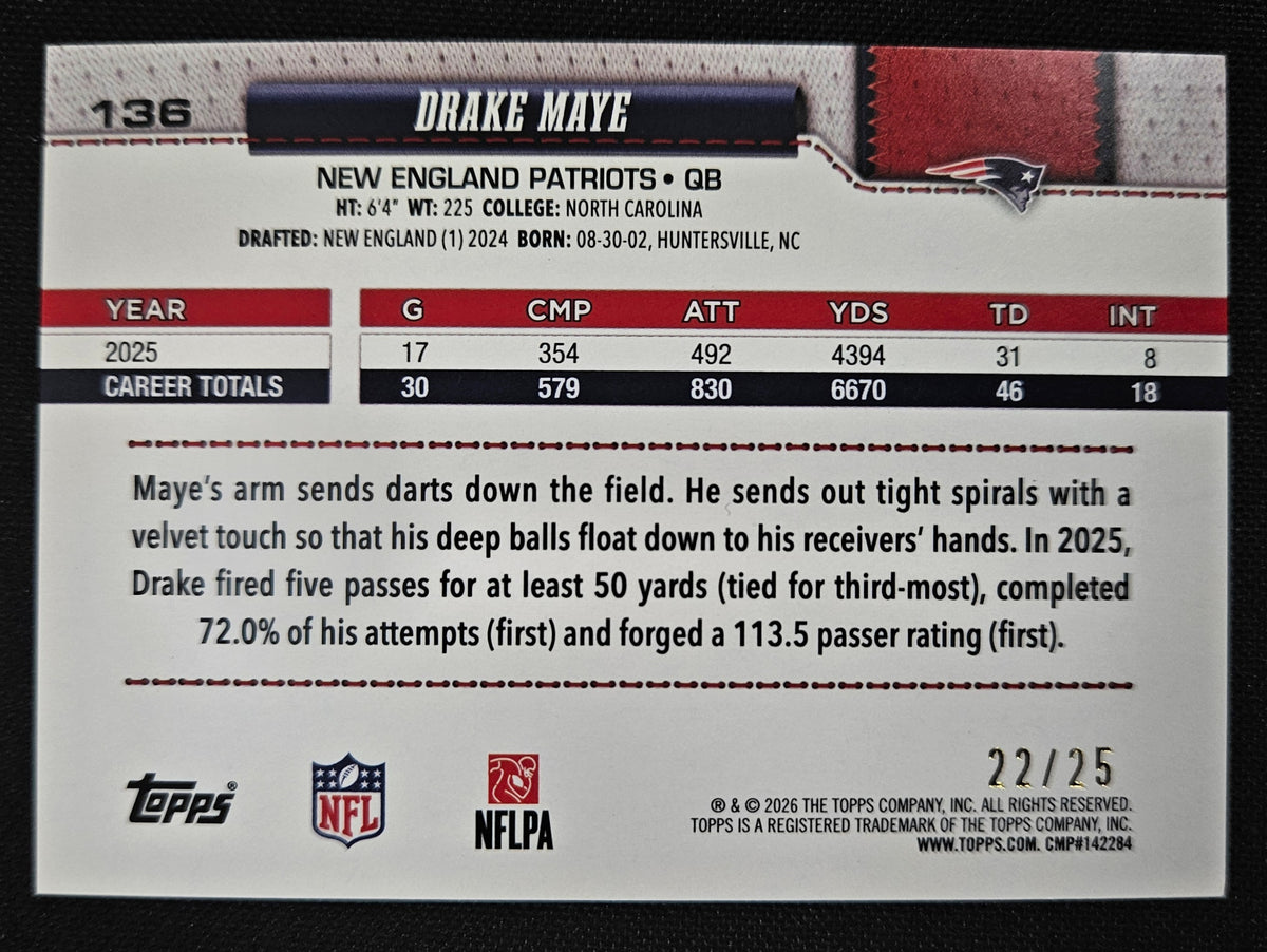 2026 Topps Flagship Drake Maye Orange Football /25 #136