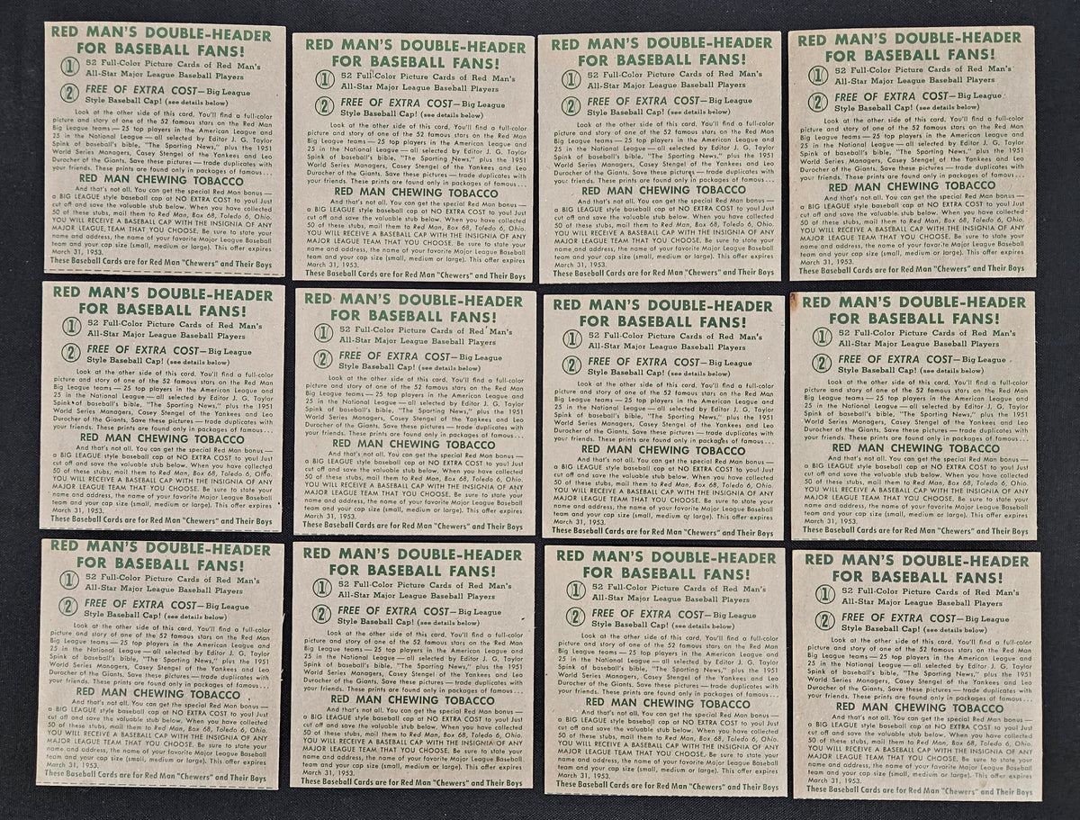 1952 Red Man Tobacco Baseball Complete Set (52/52) VG/VG-EX No Tabs