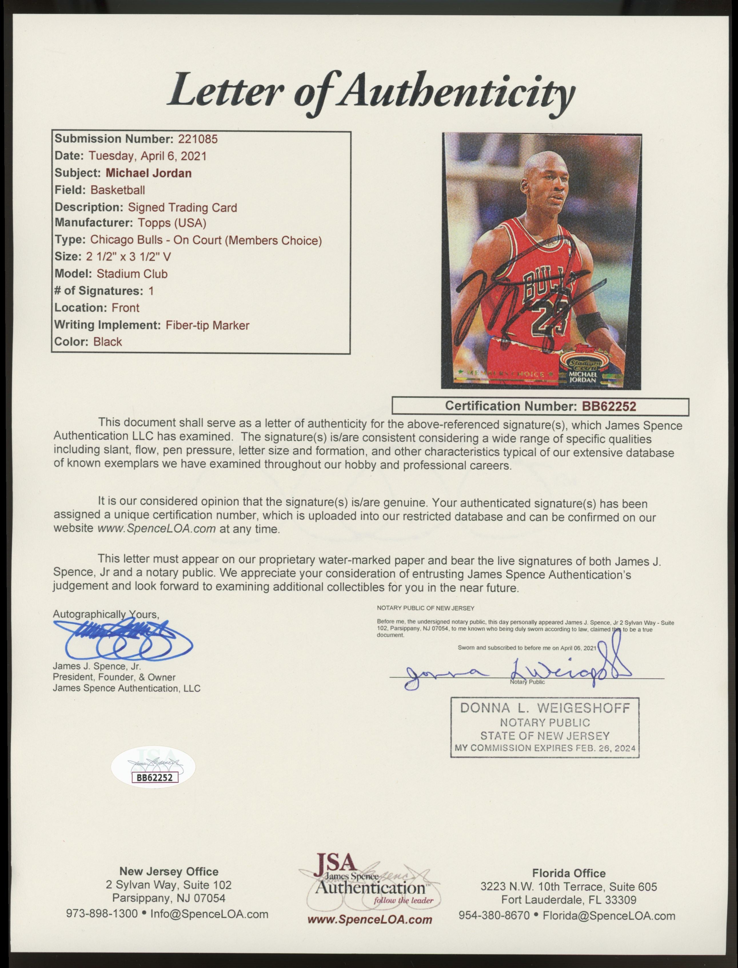1992/93 Stadium Club Michael Jordan Members Choice #210 Signed Auto JSA LOA