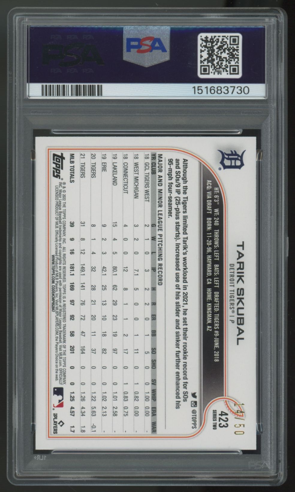 2022 Topps Series Two Tarik Skubal Father's Day Blue /50 #423 PSA 9